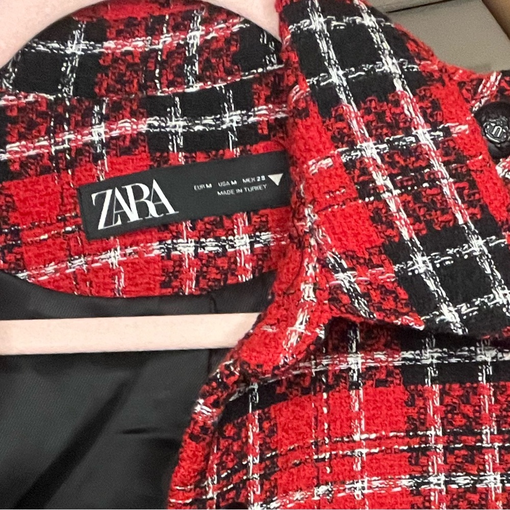 Zara Red and Black Checkered Cropped Jacket Size Medium - Picture 3 of 5
